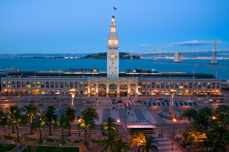 The Ferry Building at night in San Francisco, California