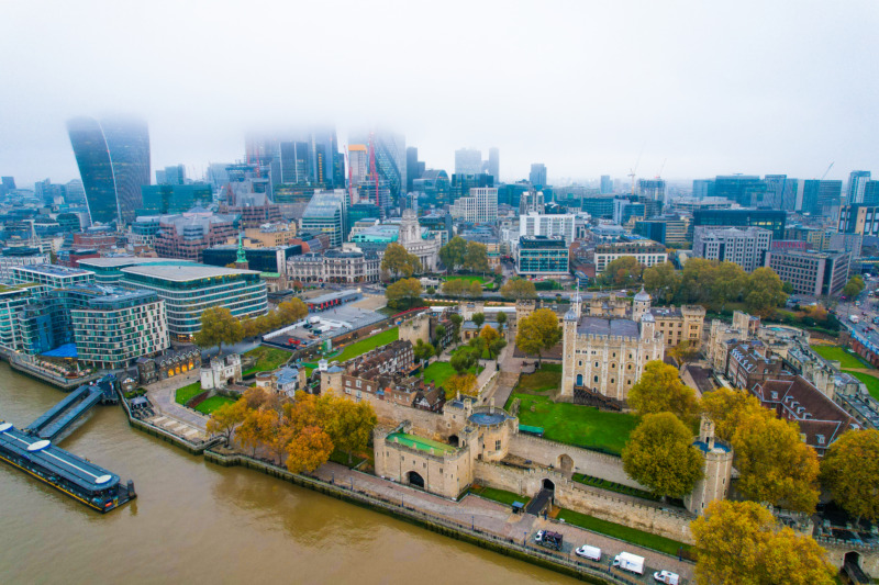 Aerial View of the Tower of London with City of London